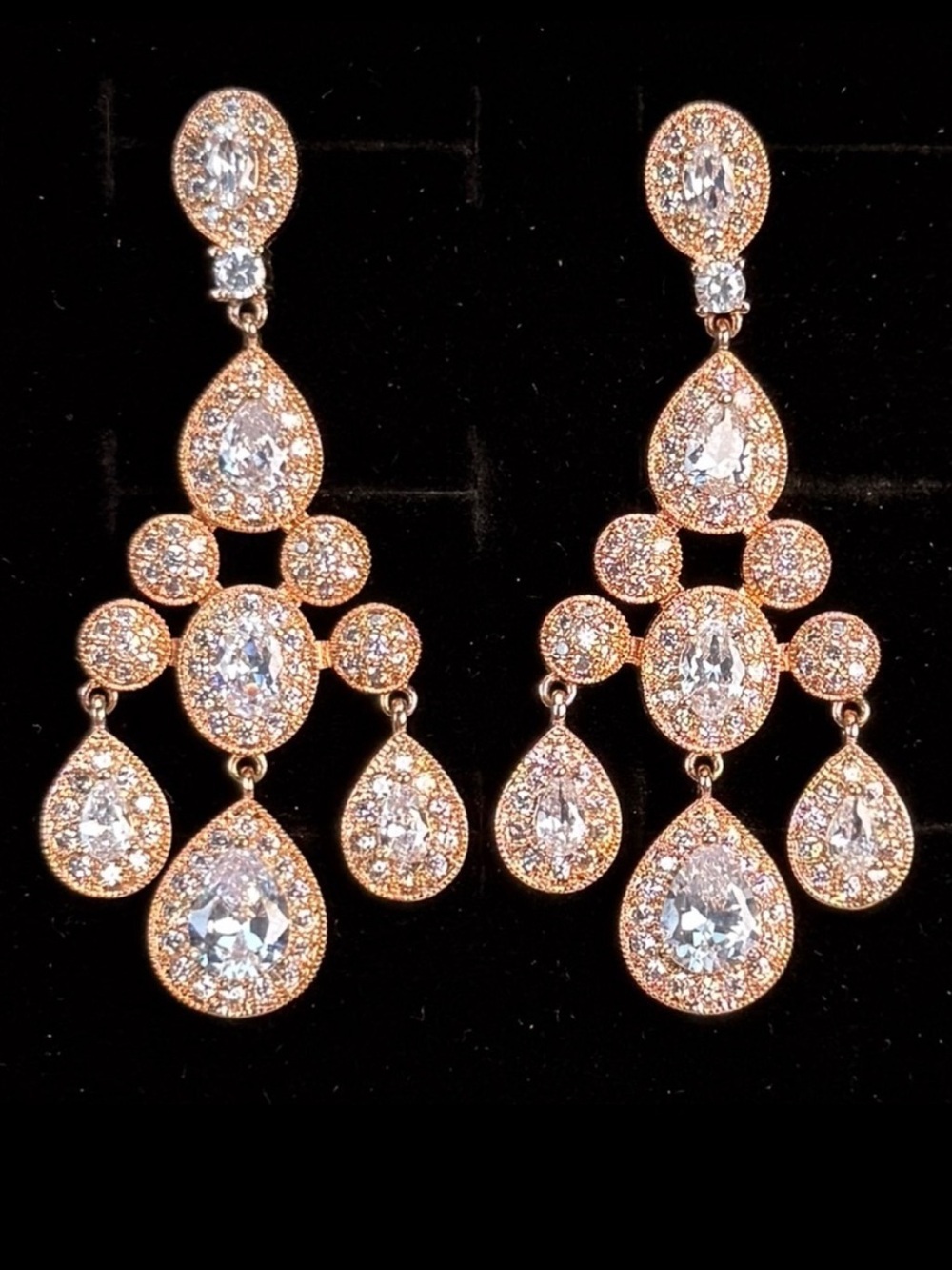 Stunning rose goldtone, crystal bling, dressy, holiday costume pierced earrings